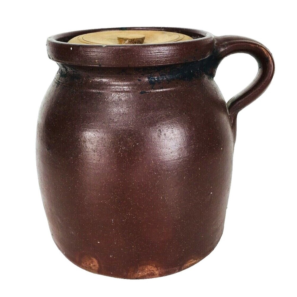 Antique Late 1800s Farmhouse Slip Glazed Stoneware Crock With Handle & Wood Lid
